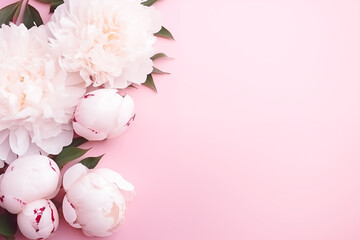 White peonies on a pink background, copy space.