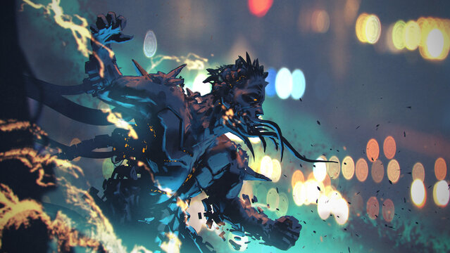 Fototapeta experimental man with lightning power standing in the ruin, digital art style, illustration painting