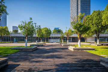 Green Urban Park with Modern Skyscrapers in Background