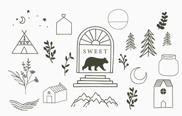 Fototapeta na wymiar Camping icon collection with wild,natural,animal,flower,circle.Vector illustration for tattoo,accessories and interior