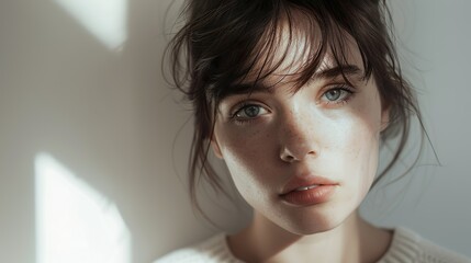 allure: a brunette's captivating gaze against a canvas of white