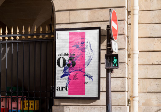 Mockup of customizable vertical sign on stone wall