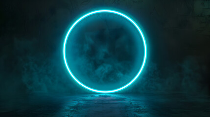 Fototapeta na wymiar A mystical portal illuminated by a neon blue geometric circle on a dark background.
