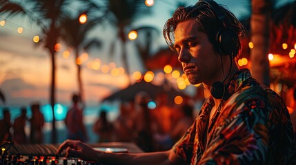 Trendy DJ with a stylish hairstyle spins tunes at a beach party, plays music in a resort hotel at...