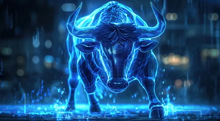 Fotobehang An angry bull is depicted engaging in trading activities with a computer. The concept revolves around the bull market in both traditional stock markets and the cryptocurrency. Generative AI. © Peachaya