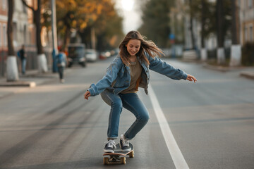 woman with skateboard - obrazy, fototapety, plakaty