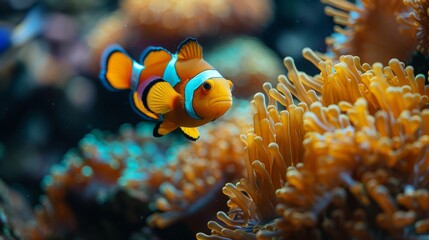 Naklejka na ściany i meble Anemone fish playing on a coral reef, beautiful clownfish on a coral reef, anemones on a tropical coral reef