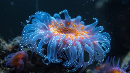 Aquatic bioluminescent anemones in the darkness