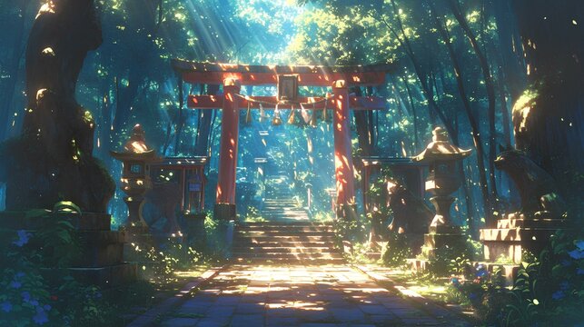 The entrance stairs into the ancient shrine with a mysterious and spiritual atmosphere. Japanese animation style digital art illustration painting. generative AI
