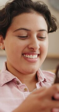 Phone, search and happy woman laughing in a house with online comic, meme or gif communication. Smartphone, app or female person relax with streaming, service or video, movies or reading social media