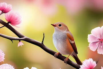 A bird is perched on branch tree with pink flowers