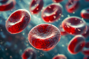 Vivid red blood cells in motion, depicting hemoglobin transport and circulatory health. Close-up of red blood cells with dynamic motion blur.
