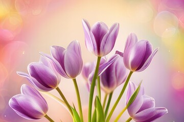 Obraz na płótnie Canvas A bouquet purple tulips with green leaves