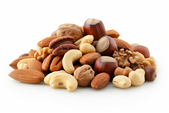 Close-up of a pile of mixed various type of nuts isolated on white background
