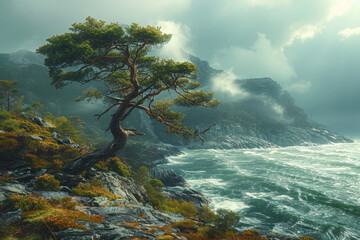 Seaside Cliff with Windswept Trees and Ocean Mist - obrazy, fototapety, plakaty