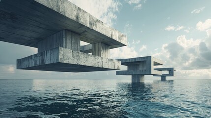 Unique and futuristic architectural forms harmoniously integrating with the water environment. The sleek curves of a modern architectural masterpiece rise above the water's edge, reflecting innovation