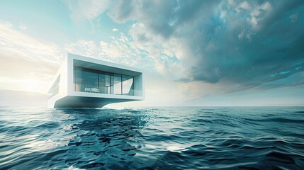 Unique and futuristic architectural forms harmoniously integrating with the water environment. The sleek curves of a modern architectural masterpiece rise above the water's edge, reflecting innovation