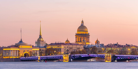 The dome of St Isaac's Cathedral in Saint Petersburg, Classical view of Neva river with Isaakievsky...