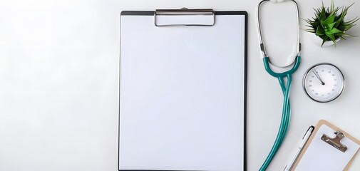 Blank medical clipboard with stethoscope on white background. Copy space.