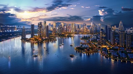 Fototapeta premium Green island city where buildings and parks intertwine, creating a unique ecological balance and minimizing negative impact on the environment. Concept of floating city