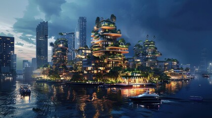 Green island city where buildings and parks intertwine, creating a unique ecological balance and minimizing negative impact on the environment. Concept of floating city