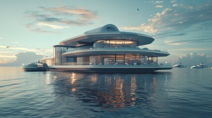 Oceanic Futurism - Floating Architectural Wonder. Floating Futuristic City. A vision of the future materializes with a floating architectural complex - obrazy, fototapety, plakaty