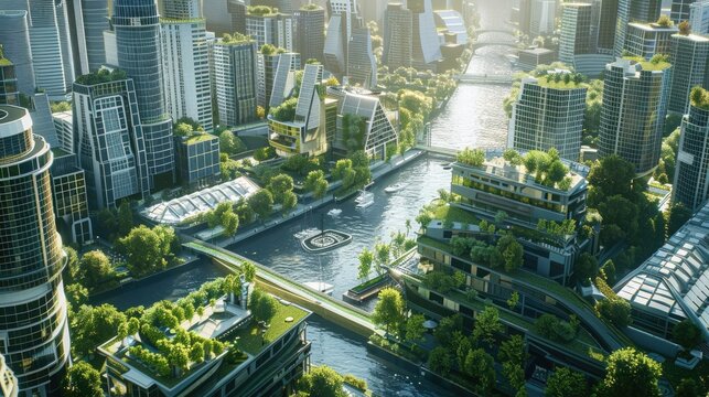 Green island city where buildings and parks intertwine, creating a unique ecological balance and minimizing negative impact on the environment. Concept of floating city