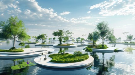 Fototapeta na wymiar Massive floating park where city residents can enjoy green spaces, sports facilities, and picturesque views of the surrounding waters. Eco-Friendly Floating Gardens Cityscape