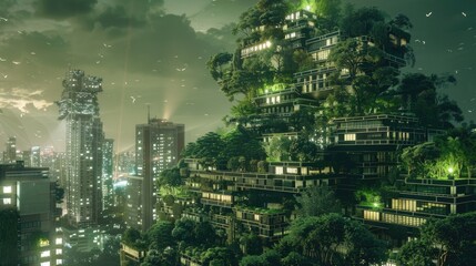 Obraz premium Verdant Vertical Living - Eco-Architecture. Innovative green architecture integrates lush vegetation into multi-story buildings, creating self-sustaining living spaces on the water. Floating building