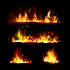 Burning fire flame on black background, Fire elements set.