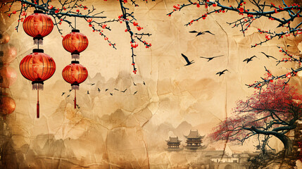 Old paper with Asian Landscape and Chinese Lanterns