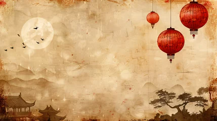 Rolgordijnen Old paper with Asian Landscape and Chinese Lanterns © Johnu