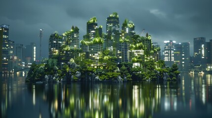 Green island city where buildings and parks intertwine, creating a unique ecological balance and minimizing negative impact on the environment. Concept of floating city