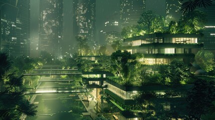 green island city where buildings and parks intertwine, creating a unique ecological balance and minimizing negative impact on the environment, floating city, floating park