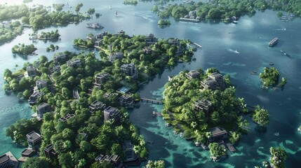 Green island city where buildings and parks intertwine, creating a unique ecological balance and minimizing negative impact on the environment. Concept of floating city