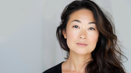Obraz premium Beautiful studio portrait of middle aged, stylish, beautiful asian woman, long hair, looking at camera with confidence on white background