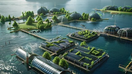 Sustainable sea farms where diverse aquatic species are bred and harvested, promoting self - sufficiency and ecological balance, green energy aquatic farm
