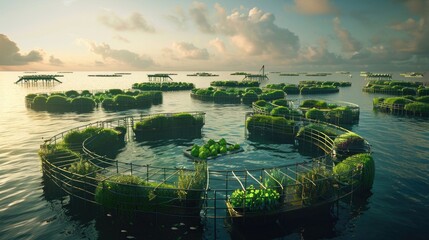 Sustainable sea farms where diverse aquatic species are bred and harvested, promoting self - sufficiency and ecological balance, green energy aquatic farm - obrazy, fototapety, plakaty