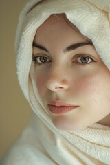 portrait of a young woman with perfect skin wrapped in light fabric