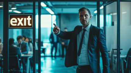 Serious businessman pointing towards exit sign in office corridor