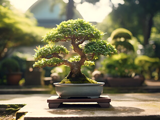 A small bonsai tree growing in a pot, blury green park background 