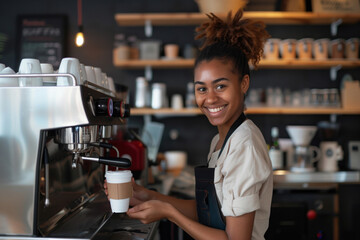 A smiling woman is behind a coffee machine, holding a cup of coffee