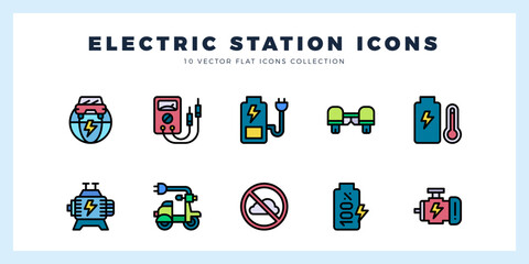 10 Electric Station Lineal Color icons pack. vector illustration.
