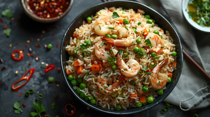 Food recipe Shrimp fried rice with peas, carrots, staple food, tableware - obrazy, fototapety, plakaty