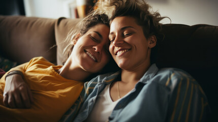 Obraz premium Lesbian Couple Cuddling at Home