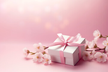 Small elegant present gift box with tiny pale pink satin ribbon decorated with blooming sakura flowers on pale pink background 