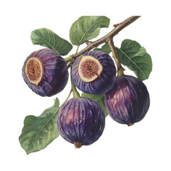 Colored figs with leaves on the branches isolated on transparent background
