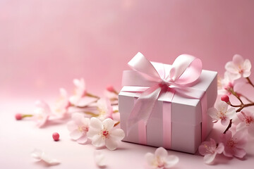 Small elegant present gift box with tiny pale pink satin ribbon decorated with blooming sakura flowers on pale pink background 