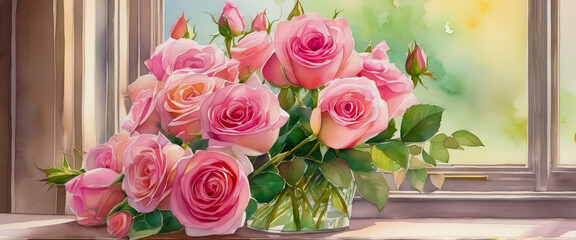 A vase filled with pink roses by a sunny window. Interior with roses. Illustration in watercolor style.