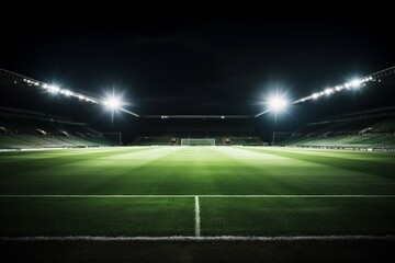 Night soccer arena illumination with green grass field and football stadium background